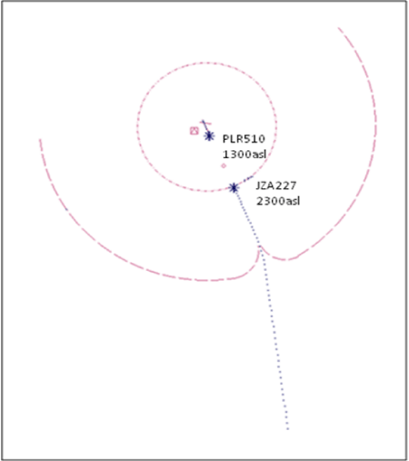 Figure 3. PLR510 calls Yellowknife tower in the turn at 1759:55. Aircraft are separated 4 nm horizontally and 1000 feet vertically