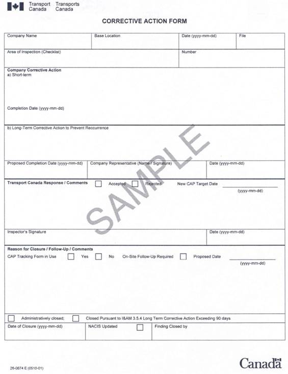Exemple de formulaire de mesure corrective (Corrective Action Form) qui figure à la page 49 du Inspection and Audit Manual de Transports Canada